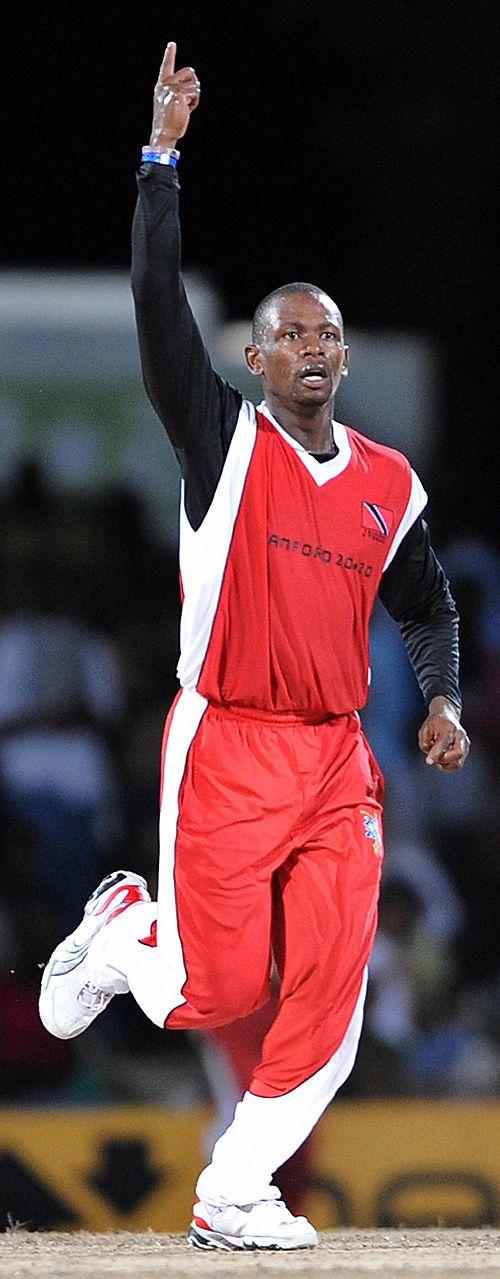 Navin Stewart celebrates one of his two late wickets