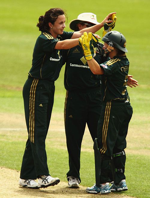 Kirsten Pike is congratulated for Sulakshana Naik's wicket