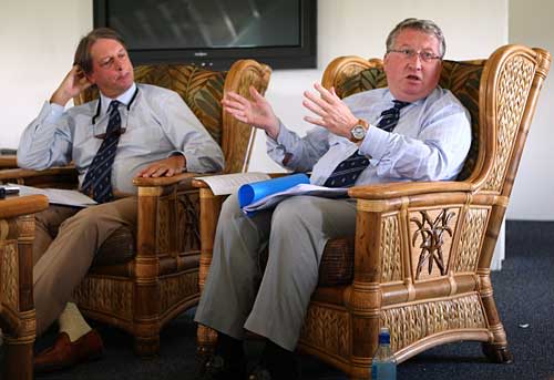 Giles Clarke (left) and David Collier chat to the media