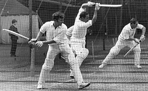 Richard Hutton, John Jameson, and Ray Illingworth bat at the nets