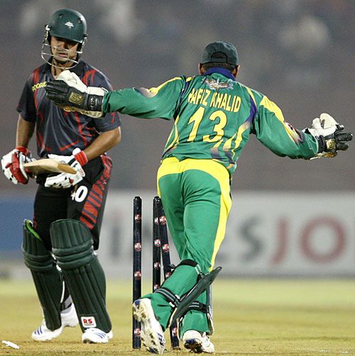 Nazimuddin reacts after being bowled