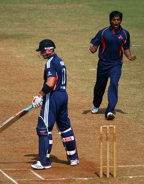Rajesh Verma celebrates dismissing Matt Prior for 3