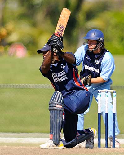 Cayman Islands batsman Steve Gordon drives during his half century