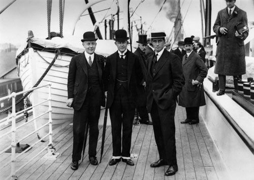 Henry Leveson Gower (left) and Pelham Warner wave goodbye to Johnny Douglas 