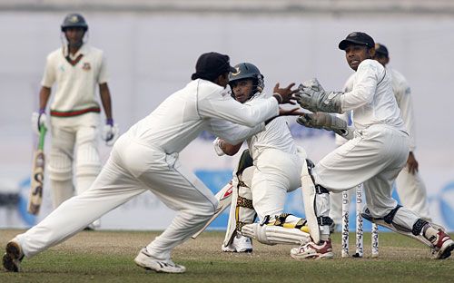 Mehrab Hossain jnr is caught by Mahela Jayawardene at slip