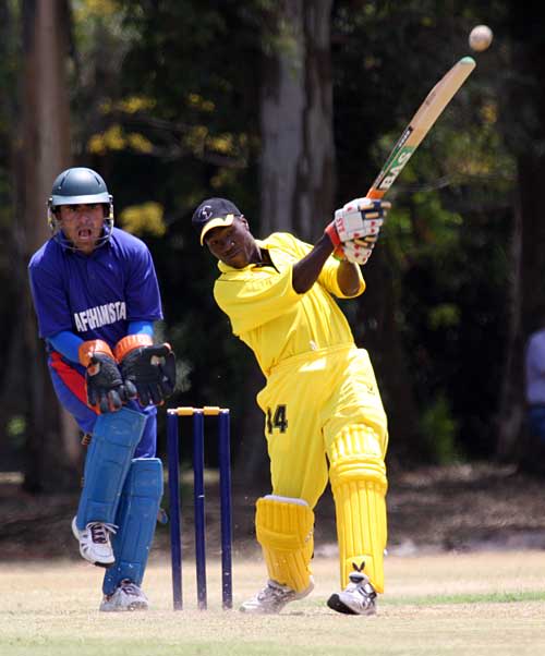 Frank Nsubuga launches one of his three sixes in his 62 off 44 balls