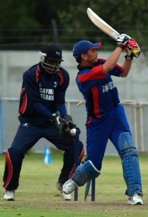 Afghanistan's Raees Ahmadzai is bowled