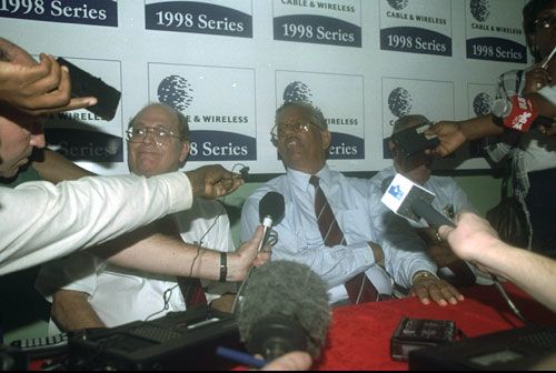Match referee Barry Jarman explains the decision to the media
