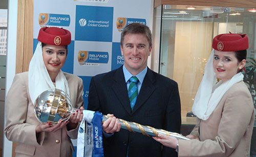 Errol Stewart hands over the ICC Test Championship mace