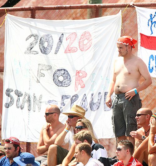"20/20 for Stan-fraud" reads a droll poster at the Antigua Recreation Ground