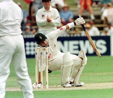 Adam Bacher ducks under a bouncer, Australia v South Africa, 3rd Test, Adelaide, 1997/98