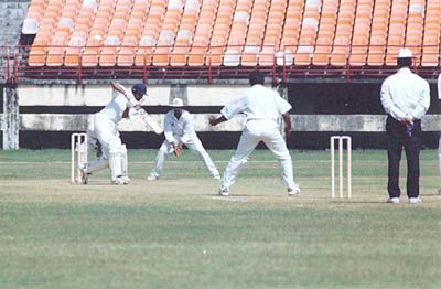 Hemant Kumar offers the full face of the bat to Ananthapadmanabhan