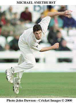 Mike Smethurst bowling at Derbys . He had figures of 1/43.