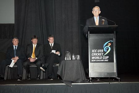 Malcolm Gray delivers a speech at the ICC Under-19 World Cup opening ceremony