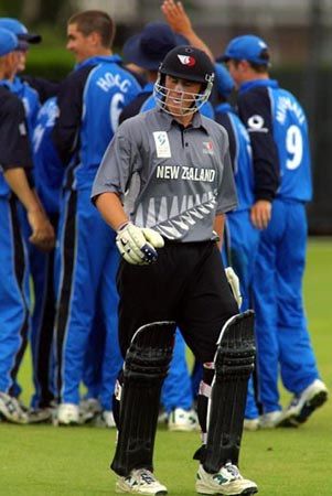 Sheed walks from the field after being dismissed as England Under-19 players celebrate. ICC Under-19 World Cup Super League Group 2: England Under-19s v New Zealand Under-19s at Lincoln, 28 Jan 2002