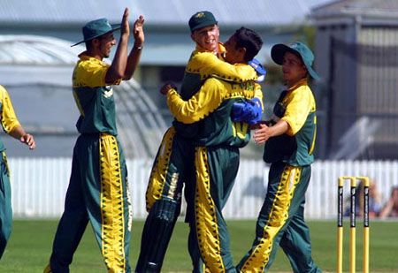 South Africa Under-19 fielders celebrate the dismissal of Nicol. ICC Under-19 World Cup Super League Group 2: New Zealand Under-19s v South Africa Under-19s at Lincoln, 30 Jan 2002