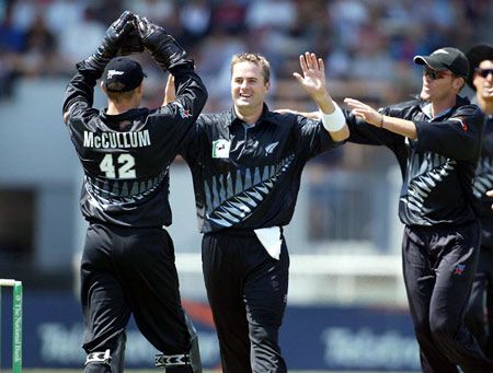 McCullum, Hitchcock and Vincent celebrate the dismissal of Laxman. 3rd ODI: New Zealand v India at Christchurch, 1 Jan 2003