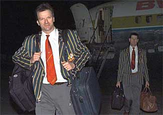 Steve Waugh and Stephen Bernard arrive in St. John's, Antigua, 19 February 1999