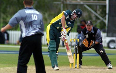 Burke drives a delivery from Robertson down the ground. ICC Under-19 World Cup Super League Group 2: Australia Under-19s v New Zealand Under-19s at Lincoln, 1 Feb 2002