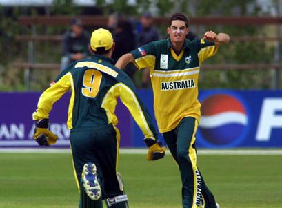Burke celebrates the dismissal of Ryder. ICC Under-19 World Cup Super League Group 2: Australia Under-19s v New Zealand Under-19s at Lincoln, 1 Feb 2002