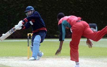 Subedi cuts a delivery from Mbwembwe. ICC Under-19 World Cup Plate Championship Final: Nepal Under-19s v Zimbabwe Under-19s at Lincoln, 8 Feb 2002