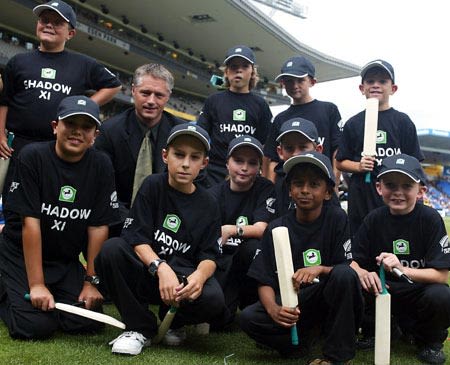 Larsen with members of the Shadow XI. 4th ODI: New Zealand v England at Auckland, 23 Feb 2002