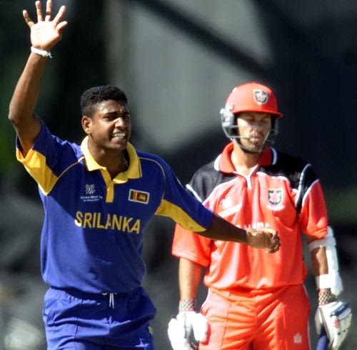 Prabath Nissanka celebrates after getting Ishwar Maraj for a duck