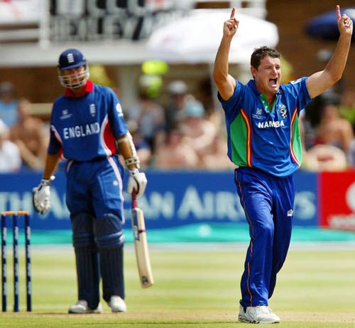 Namibia's top wicket-taker Van Vuuren appeals successfully against Michael Vaughan