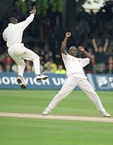 Franklyn Rose takes a wicket in England