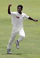 Tapash Baisya celebrates after dismissing Trevor Gripper for a duck in the first Test