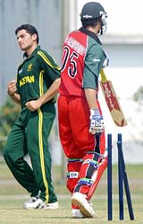 Riaz Afridi celebrates after bowling out Colin de Grandhomme