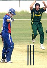 Riaz Afridi celebrates after bowling David Stiff