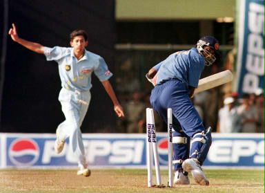 Sri Lankan batsman Eric Upasantha is out bowled to Indian bowler Ajit Agarkar