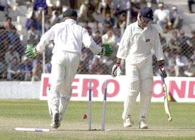 Rakesh Patel's middle stump is uprooted by Colin Miller