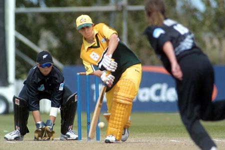Goszko plays a delivery from King to the leg side. 2nd WODI: New Zealand Women v Australia Women at Lincoln, 3 Mar 2002