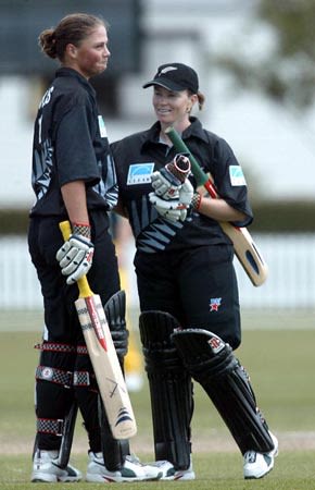 Rolls is congratulated by Drumm upon reaching her century. 3rd WODI: New Zealand Women v Australia Women at Lincoln, 6 Mar 2002