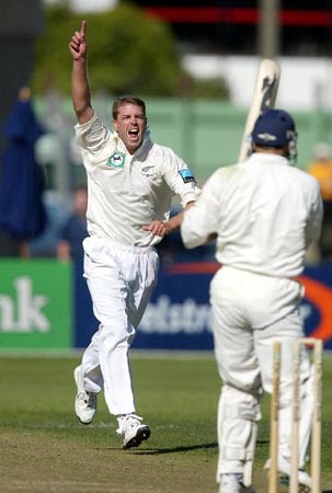 Drum celebrates the dismissal of Ramprakash. 1st Test: New Zealand v England at Christchurch, 13-17 Mar 2002