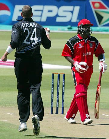 Nicholas Ifill leaves the field after he was out off the bowling of Jacob Oram