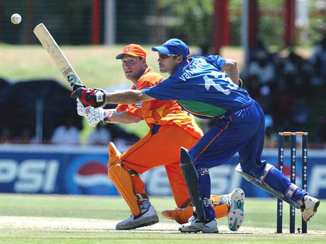 Klaas-Jan van Noortwijke sweeps one past Namibian wicket-keeper Melt van Schoor at Bloemfontein