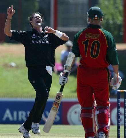 Chris Cairns celebrates after Wishart was dismissed caught behind