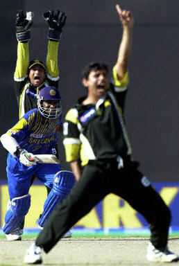 Saqlain Mushtaq and Humayun Farhat appeal for lbw of Sanath Jayasuriya