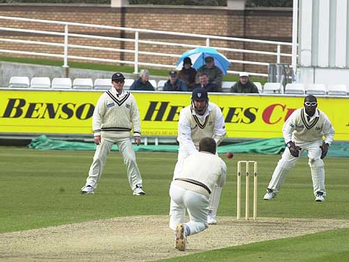 Danny Law is caught and bowled by Mike Smith