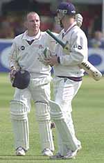Lancashire heroes Fairbrother and Keedy at the end of the Lancashire innings