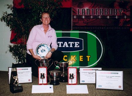 Nicola Payne shows off her collection of club and representative awards. Canterbury Cricket Association Awards 2002/03 at Christchurch, 10 Apr 2003