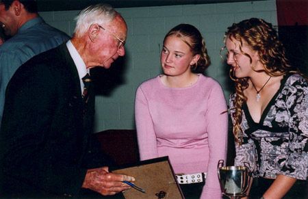 Walter Hadlee chats with members of the winning St Albans third grade women's team. Canterbury Cricket Association Awards 2002/03 at Christchurch, 10 Apr 2003