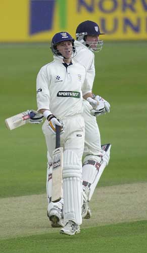Two of the rising stars of English cricket - Gary Pratt and Nicky Peng (right), at the crease together at Trent Bridge