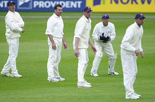 It went where ? ; Essex slips from left to right, Hussain, Robinson, Cowan, keeper Flower and Paul Grayson