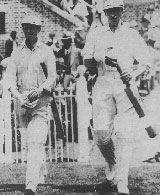 Alan Kippax (left) and Hal Hooker resume their partnership at the MCG, December 1928. They added a record 307 for the last New South Wales wicket