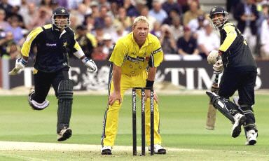 Yousuf Youhana is all smiles as he and Saleem Elahi take more runs off Shane Warne