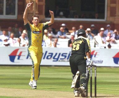 Glenn McGrath celebrates taking the wicket of Saleem Elahi